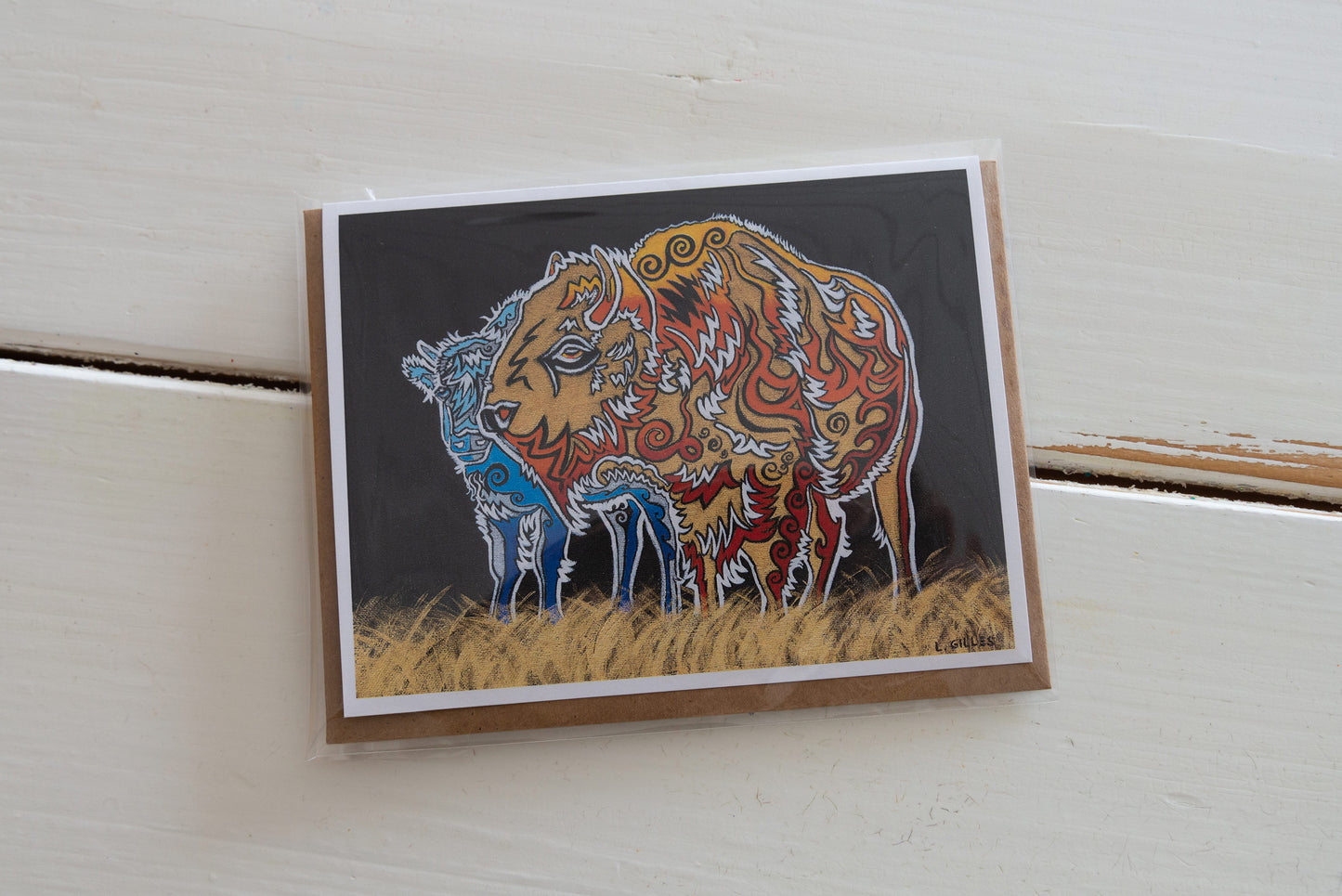 Greeting Card - "Protective Instincts" Bison / Buffalo Card - Mom + Baby - Handmade Art Card / Note Card