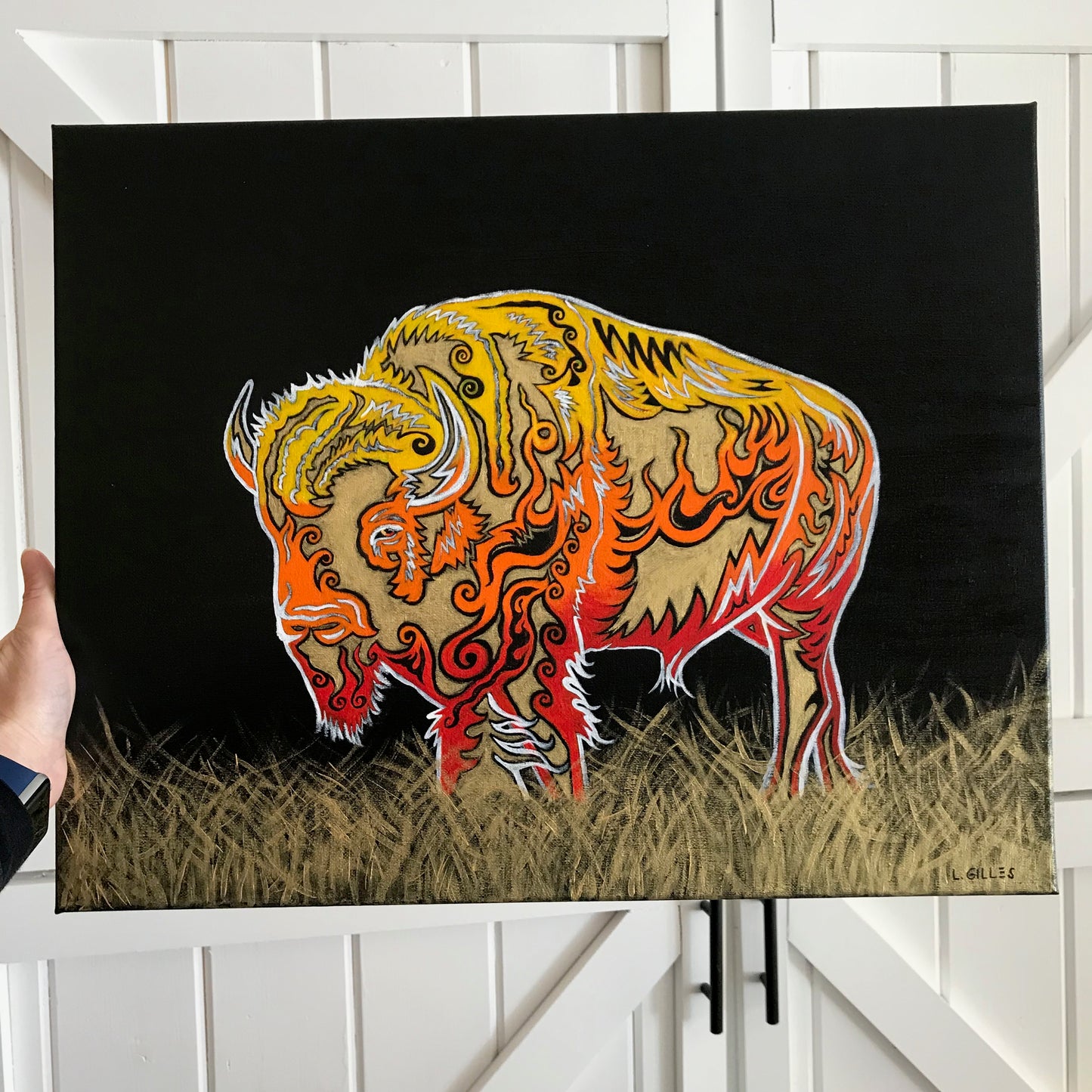 "Blazing Bison" - Original Acrylic Painting on Canvas by Artist L. Gilles - 16" x 20" - Framed