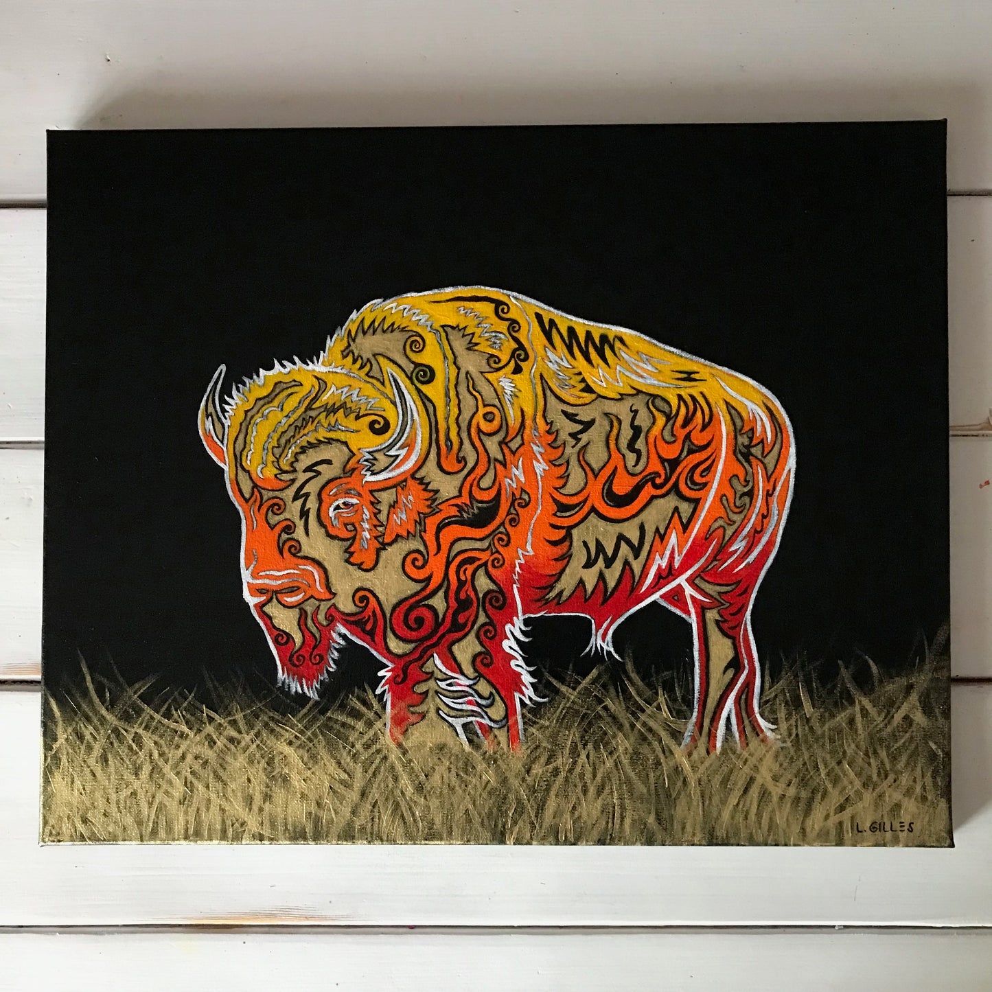 "Blazing Bison" - Original Acrylic Painting on Canvas by Artist L. Gilles - 16" x 20" - Framed