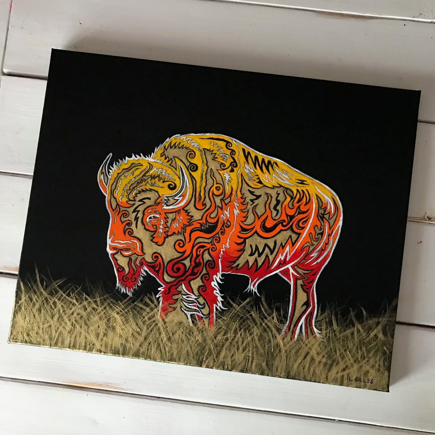 "Blazing Bison" - Original Acrylic Painting on Canvas by Artist L. Gilles - 16" x 20" - Framed