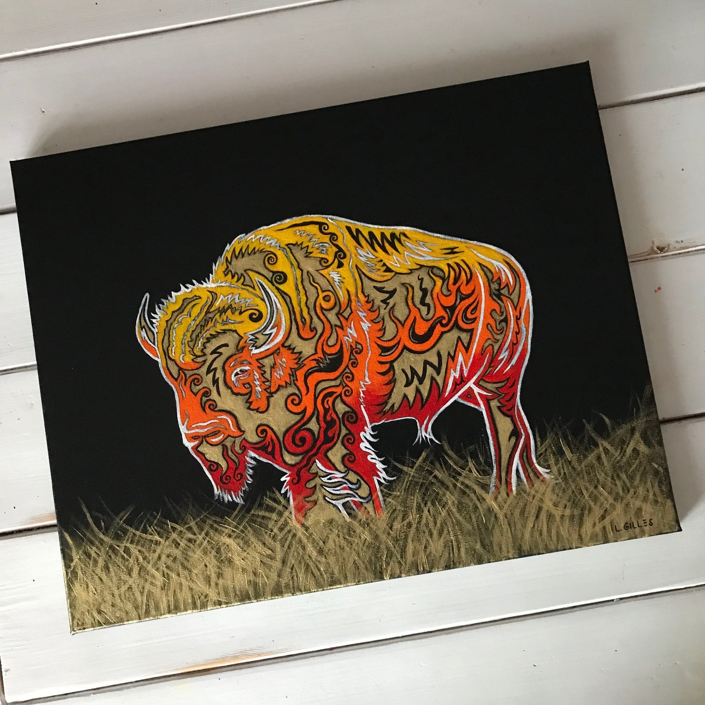 "Blazing Bison" - Original Acrylic Painting on Canvas by Artist L. Gilles - 16" x 20" - Framed