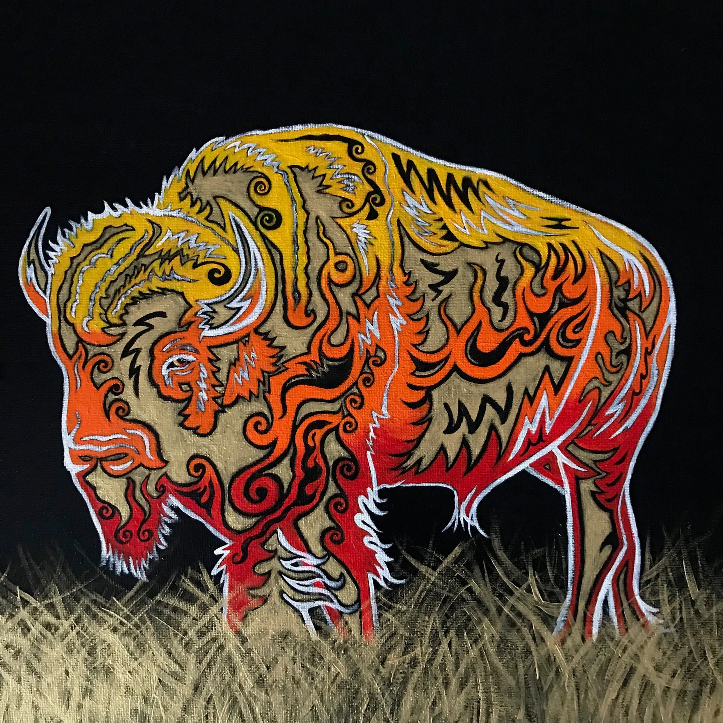 "Blazing Bison" - Original Acrylic Painting on Canvas by Artist L. Gilles - 16" x 20" - Framed