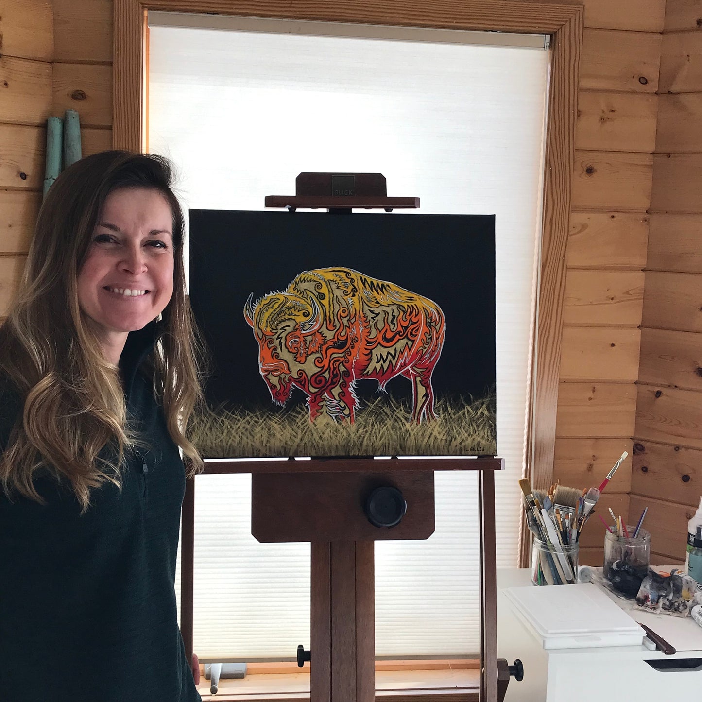 "Blazing Bison" - Original Acrylic Painting on Canvas by Artist L. Gilles - 16" x 20" - Framed