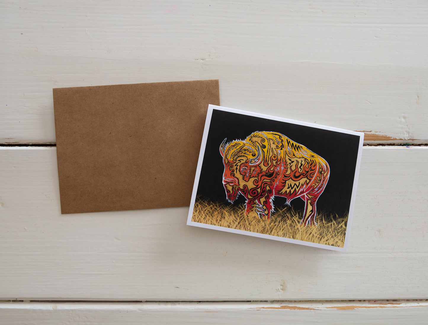 Greeting Card - "Blazing Bison" - Handmade Buffalo Art Card / Note Card