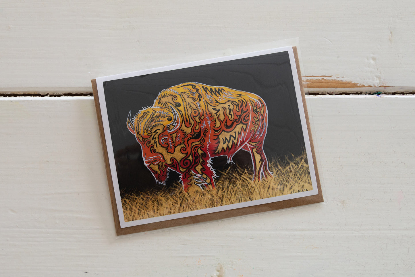 Greeting Card - "Blazing Bison" - Handmade Buffalo Art Card / Note Card