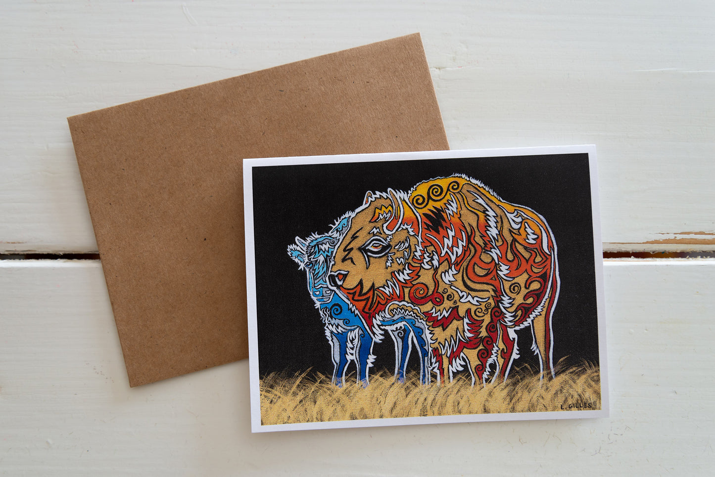 Greeting Card - "Protective Instincts" Bison / Buffalo Card - Mom + Baby - Handmade Art Card / Note Card