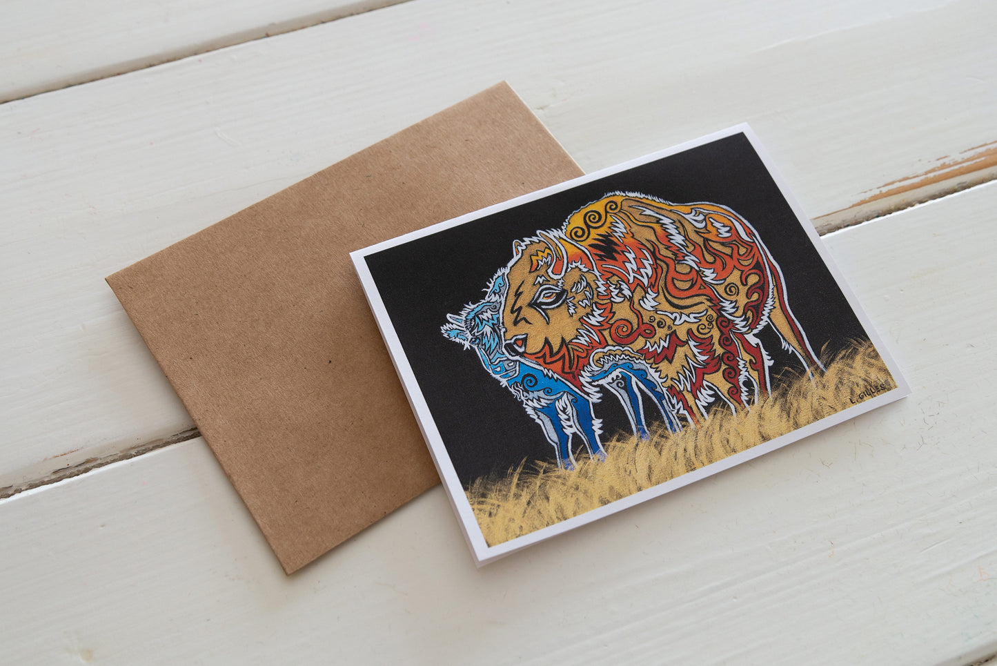 Greeting Card - "Protective Instincts" Bison / Buffalo Card - Mom + Baby - Handmade Art Card / Note Card
